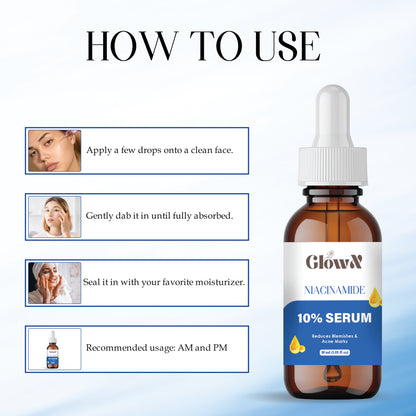 GlowX Niacinamide Face Serum For Clear Glowing Skin, Bright Skin, Reduces Dullness, Hydrates & Repairs Skin with Vit B3 & Hyaluronic Acid for Targets Acne Marks | For Women & Men | 30ml
