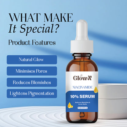 GlowX Niacinamide Face Serum For Clear Glowing Skin, Bright Skin, Reduces Dullness, Hydrates & Repairs Skin with Vit B3 & Hyaluronic Acid for Targets Acne Marks | For Women & Men | 30ml