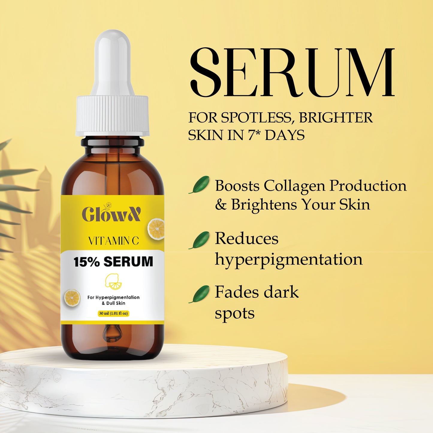 GlowX Vitamin C Serum 30ml for Glowing Skin|With 5% Niacinamide, Hyaluronic & Glycolic Acid|Fades Dark Spots, Pigmentation|For All, Oily, Combination, Normal Skin |Beginner Friendly - Men, Women
